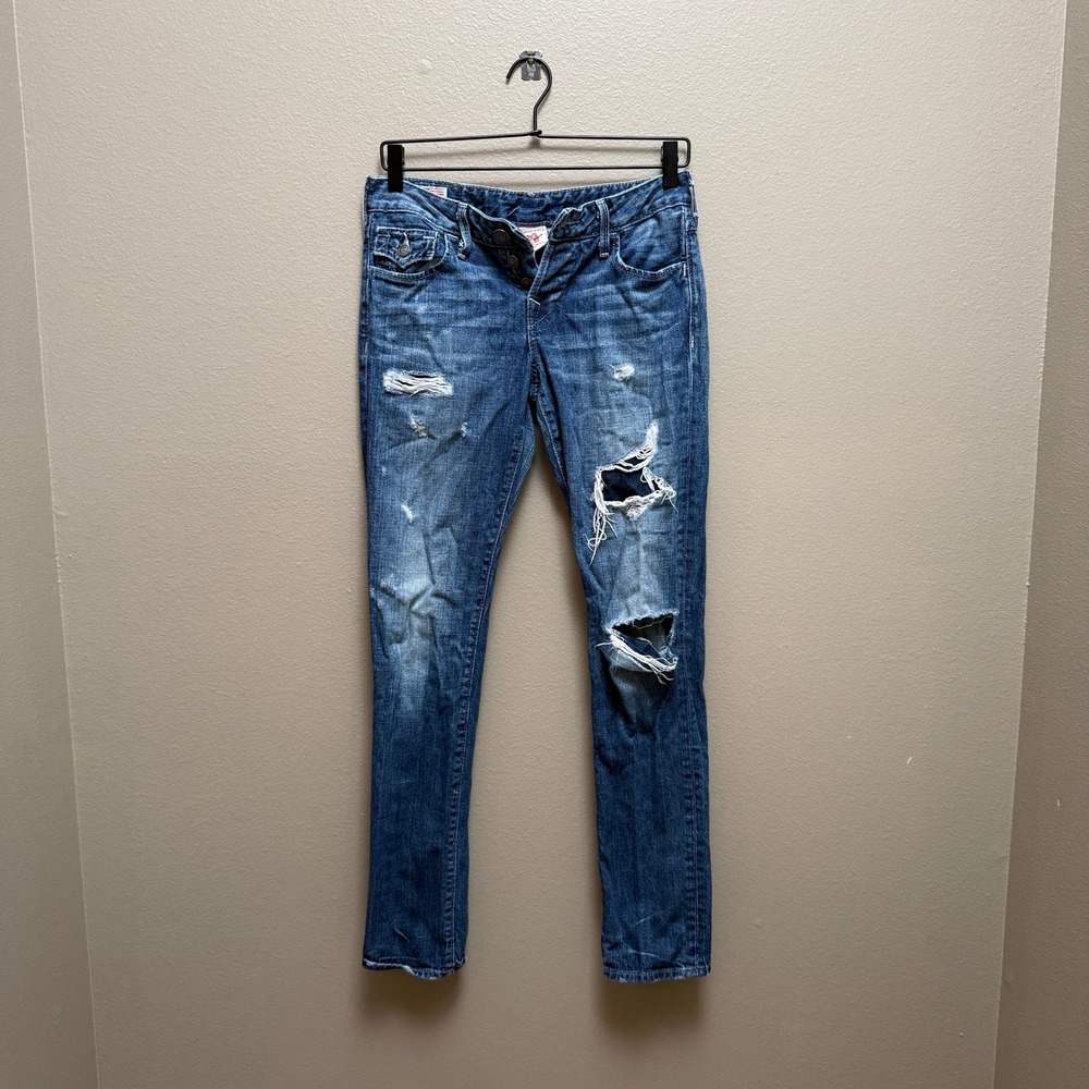True Religion Jeans Womens 24 Distressed Ripped Button Fly Made USA 100% Cotton